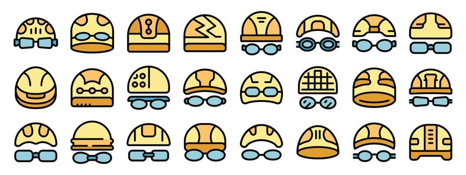 Set of swim caps and goggles icons showing different styles for swimmers vector