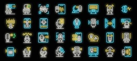 Voice recognition system neon icon set with editable stroke, microphone and sound wave, headset and speaker vector