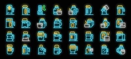 Large set of bright neon thermos icons featuring different types of vacuum flasks for hot and cold drinks vector