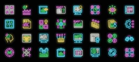 Swot analysis neon light icons set with editable stroke vector