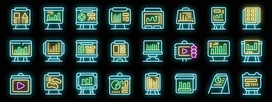 Businessman giving a presentation on a flip chart with graphs and charts, neon sign set vector