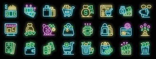 Neon icons representing spending and saving money including ecommerce and finance vector