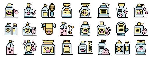 This set of icons depicts various products used for cat grooming, including shampoos, conditioners, brushes, and combs vector