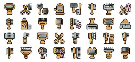 Collection of colorful linear icons representing various tools and equipment used for pet grooming vector