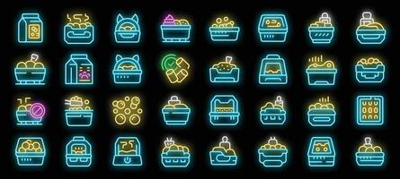 Set of bright glowing cat litter box icons with editable stroke vector