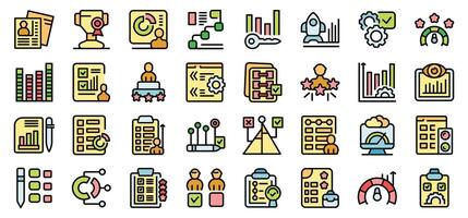 Assessment icons set in colored line style, evaluating concepts with editable stroke vector