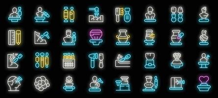 Sculptors creating sculptures and different types of sculptures neon icons set vector