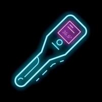 Glowing neon line digital thermometer showing normal temperature icon isolated on black background vector illustration