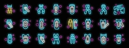 Set of neon icons with different types of multitools for hiking, camping and tourism on a dark background vector