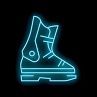 Glowing neon line snowboard boot icon isolated on a black background vector illustration