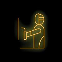 Welder working with welding torch wearing helmet in neon style vector