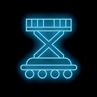 Blue neon icon of mobile scaffolding platform with wheels on black background vector