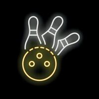 Neon sign showing bowling pins and ball striking for a strike vector