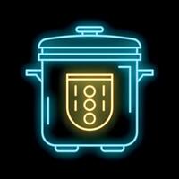 Glowing neon line multi cooker icon isolated on black background representing a cooking device vector