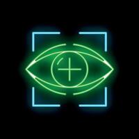 Neon eye scanning system in operation on black background vector