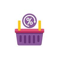 Shopping basket displaying decreasing percentage sign representing price reduction vector