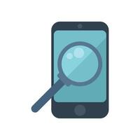 Magnifying glass overlaying smartphone screen searching for information vector