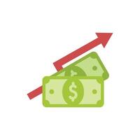 Red arrow growing over increasing stack of dollar bills icon vector
