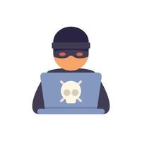 Masked hacker committing cyber crime using laptop vector