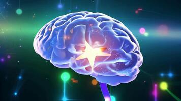 Digital brain glowing colorful human AI 3D virtual thinking modern lab research imagination creativity skill technology intelligence idea innovation concept mind office business tech video