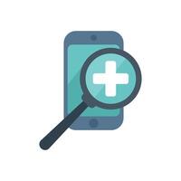 Magnifying glass exploring mobile healthcare app with cross symbol vector