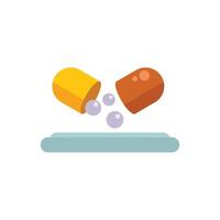 Open pill capsule releasing tiny white balls on surface vector