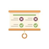 Flip chart showing checkmarks and crosses for business plan evaluation vector