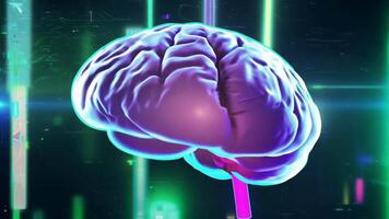 Digital brain glowing colorful human AI 3D virtual thinking modern lab research imagination creativity skill technology intelligence idea innovation concept mind office business tech video