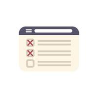 Browser window displaying online survey with checkboxes and cross marks vector