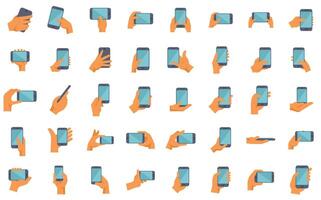 Collection of hands holding using showing mobile phones smartphones in different positions vector