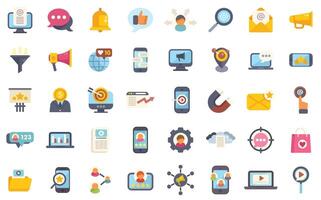Collection of flat design icons representing different aspects of digital marketing, social media and online business promotion vector