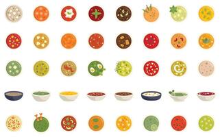 Soup in plates and bowls icons set featuring a variety of flavors and ingredients vector