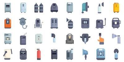Oxygen concentrator and oxygen equipment for respiratory system using oxygen concentrator icons set vector