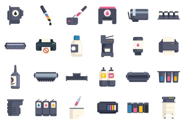 Printer cartridge icon set showing ink refills for laser and inkjet printers
