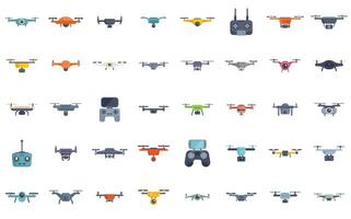 Large set of modern drones flying and controllers for piloting vector