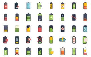 Set of battery charging icons showing various battery levels and status indicators vector
