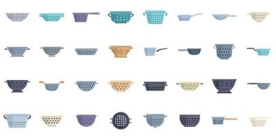 Set of different colanders for cooking, kitchen strainer icons in flat style vector