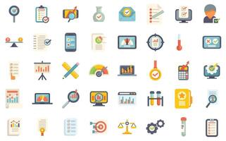 Evaluation and assessment icons set featuring business performance analysis and scientific testing vector