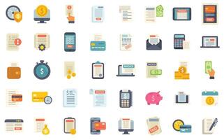 Invoice paying online, using banking service and cash money for finance management flat style icon set vector