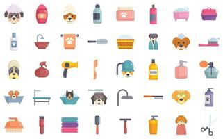Dogs having bath, grooming and hygiene procedures with shampoo, shower and towels icons set vector