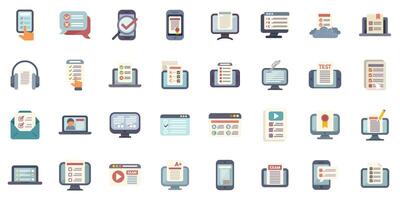Online testing and checking with electronic devices icons set vector