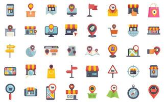 Set of online shopping and retail store location icons showing concepts such as global shopping and ecommerce vector