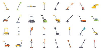 Various gardening power tools are standing and lying on a white background vector