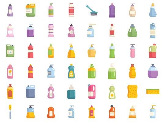 Cleaning products bottles and sponges icons set showing hygiene and sanitation products