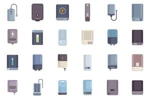 Large set of power bank icons showing various battery levels vector