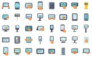 People interacting with touch screen devices of different types and sizes icon set vector