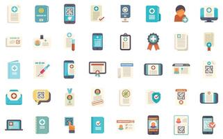This is a large set of flat vector icons showing various aspects of vaccination and digital health passports