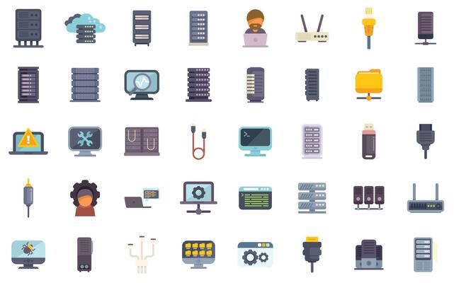Data center hosting server network connection concept icons set