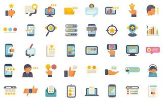 People leaving feedback and rating experience using different devices icons set vector