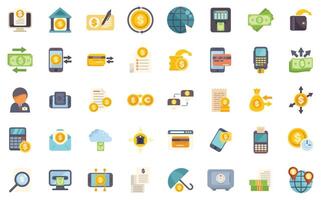 Money transaction icon set featuring various payment methods and financial activities vector